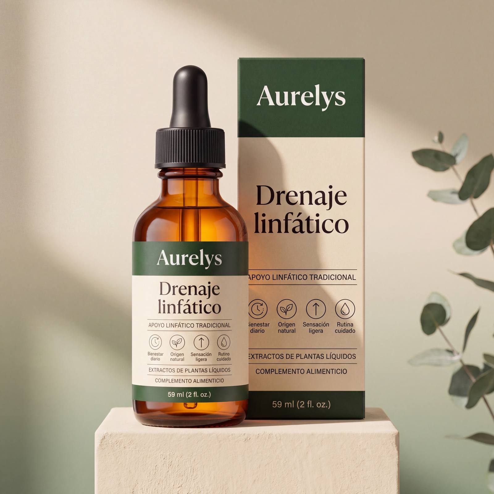 Frasco de vidrio ámbar AURELYS Drenaje Linfático de 59 ml junto a su caja, sobre pedestal crema con luz cálida