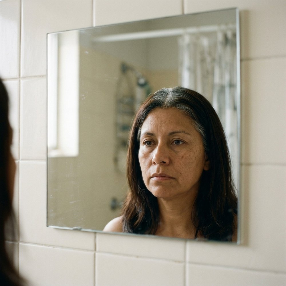 Mujer frente al espejo con la raíz canosa a la vista