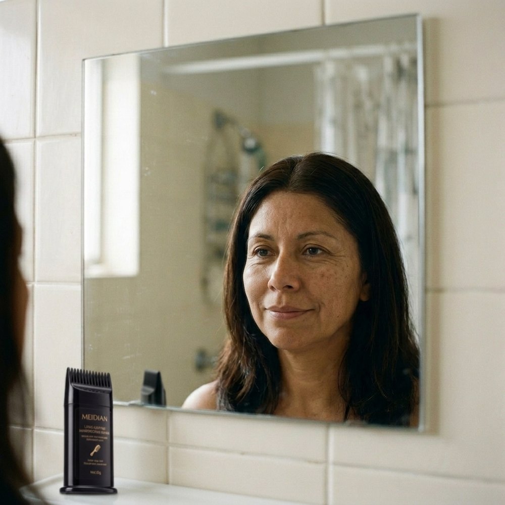 La misma mujer con la raíz cubierta y la barra sobre el lavamanos